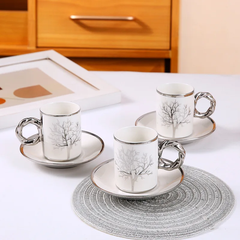 Porcelain Coffee Cup European Style Electroplated Ceramic Cups and Saucers Saudi Arabian Silver Plated Gift Box Set