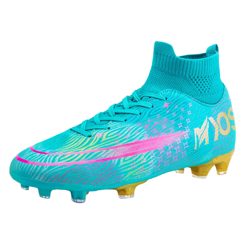 Men Hot Sale Outdoor Artificial Turf Mixed Color Spike Soccer Shoes High Ankle Fly Knit Leather Football Training Boots