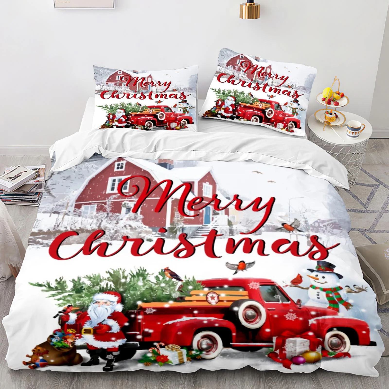 Custom 3D Printed Christmas Floral Cartoon Modern 3-Piece Duvet Cover Set Red Famous Car Tree Snow Polyester Comfort Cover Sets