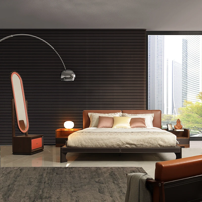 Modern Simple Solid Wood Double Bed Light Luxury Master Bedroom Soft Bag Imported Leather Atmospheric