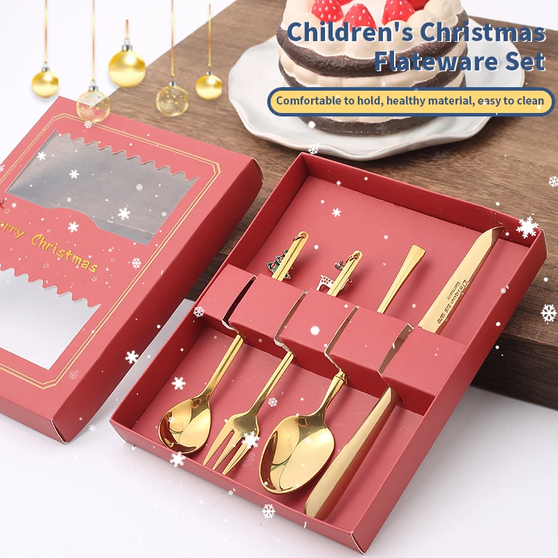 Christmas gift for children Golden stainless steel cut steak cooked meat knife and fork and spoon perfect tableware set