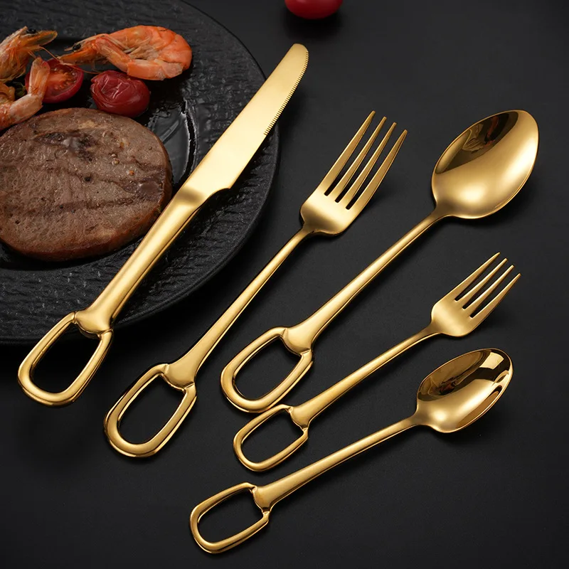 304 Stainless Steel Ring Buckle Knife Fork Spoon European Hanging Hole Creative Tableware Fork Tea Spoon Hotel Steak Knife Fork