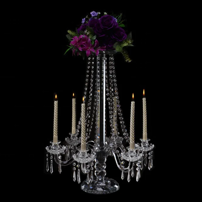 European Tall 6 Arm Crystal Clear Candelabra With Flower Bowl Wholesale for Wedding Table Decoration Centerpieces