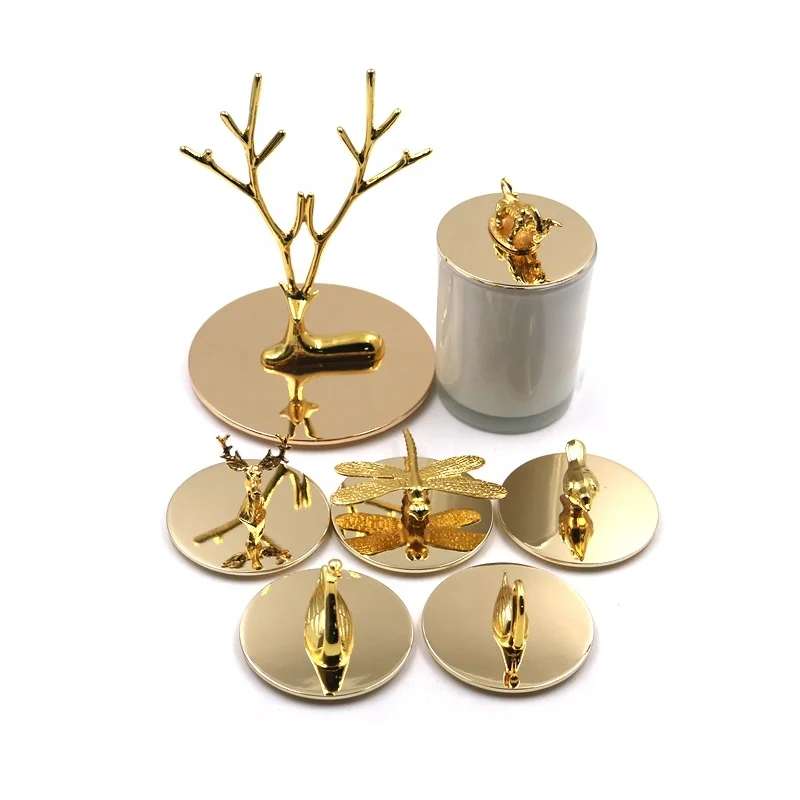 Factory price custom size round shape zinc alloy shiny gold color candle lid  with animal