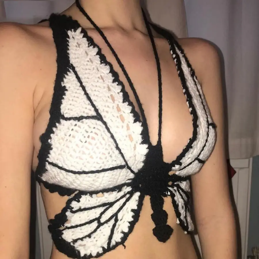 
Crop Top Crochet,Butterfly Knit Crochet Crop Top 