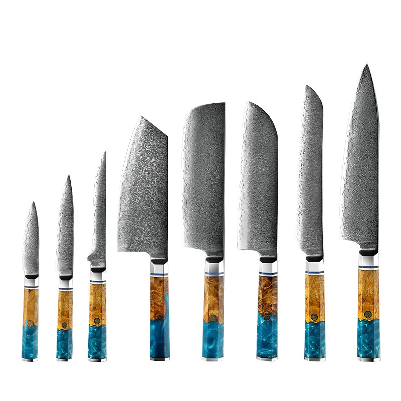 VG10 67layers Japanese Kitchen Knives set Damascus Knife Set Blue Resin Handle Damascus Steel Knife set
