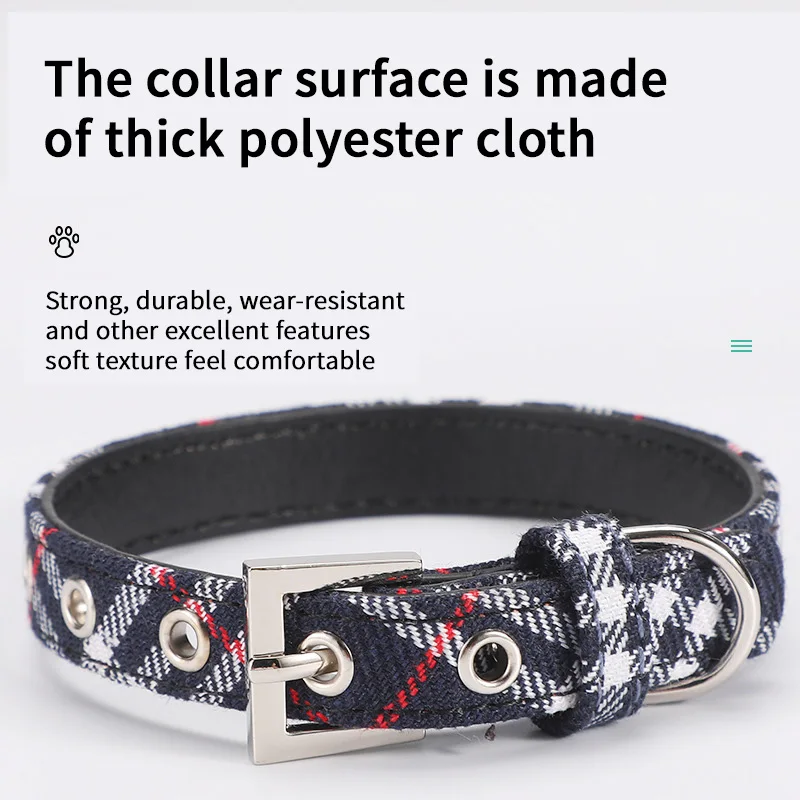 Double Layer Plaid Padded Engravable Metal Buckle Dog Collar Waterproof Leather Adjustable Pet Collars