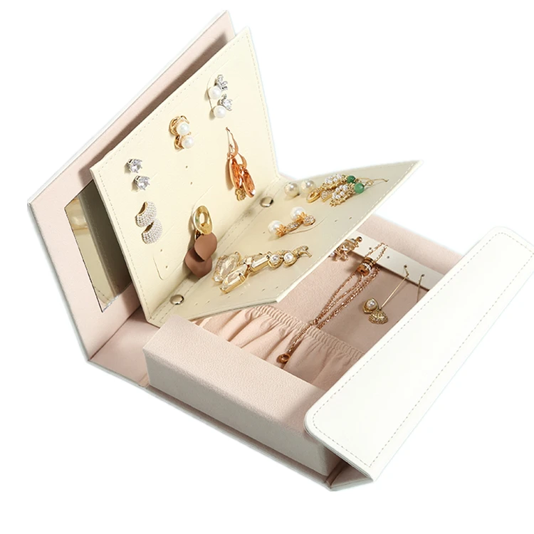 Latest magnetic wholesale high end pink white Leather Earrings Rings Packaging Jewellery Book in stock with mirror