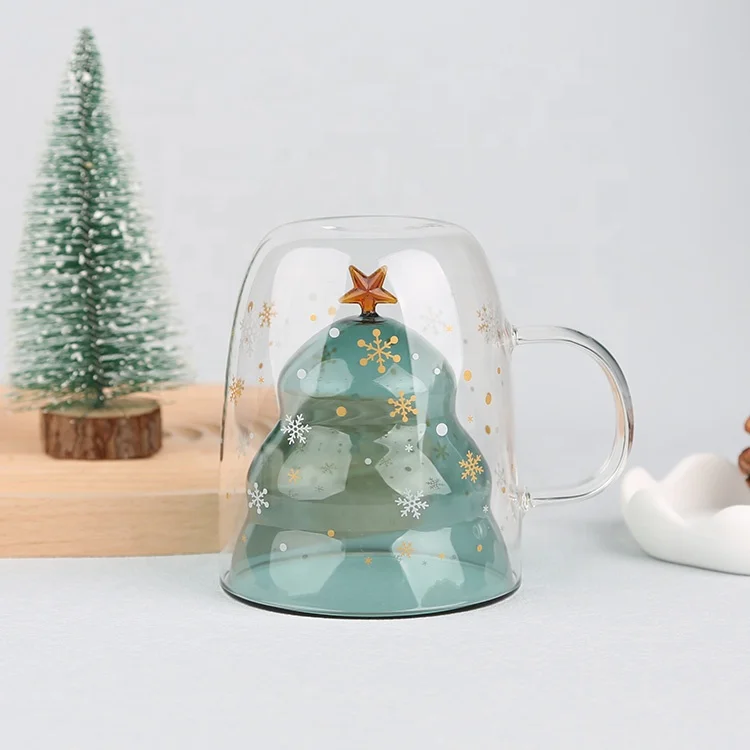 Gloway Manufacturer Cute Christmas Heat Resistant Handled Insulated Coffee Mug Christmas Tree Cup Double Wall Glass Mug With Lid
