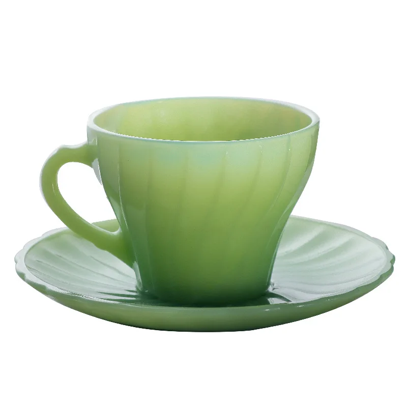 Hot Selling Custom Logo Dishwasher Safe Korean Milk Glass Green Jade Glass Coffee Mug With Saucer
