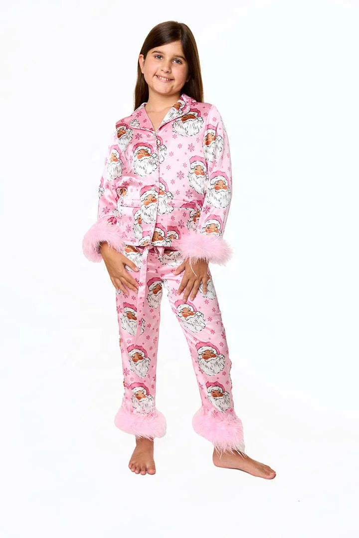 Customization Girls New Long Sleeve Christmas Pajamas Button Sleepwear Pjs Set Two Piece Loungewear Feather Trim Women Pajamas