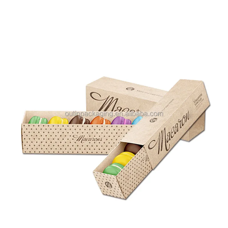 Sliding Out Open Biodegradable Kraft Cardboard Paper Packaging Gift Macaron Drawer Box with Sleeve Brown Candy Packaging Square