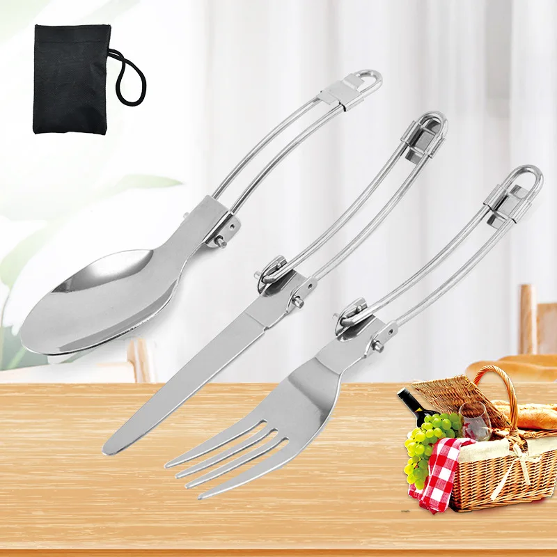Folding steel wire knife fork spoon  3pcs camping tableware portable outdoor stainless steel tableware