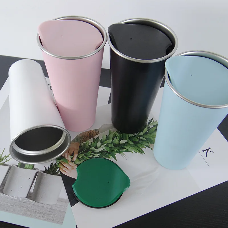 Colorful Double Layer Stainless Steel 304 Coffee Mug with Lid 500ml Water Cup Cold Drink Girls for Home Office