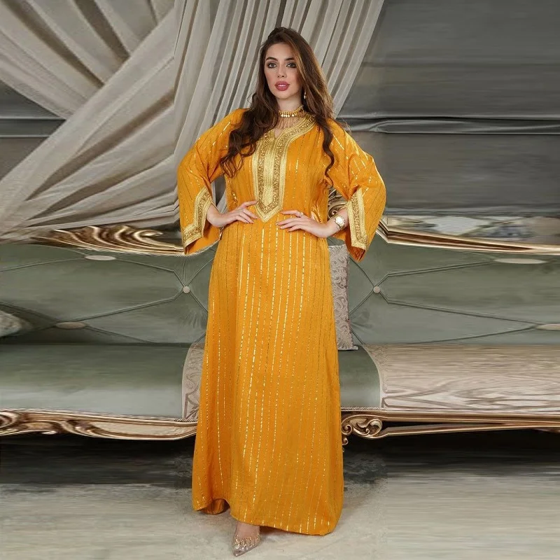 Good style golden loose wear maxi abaya dubai long women muslim dress and hijab