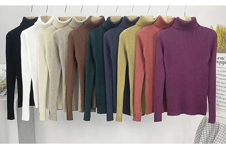 Women Sweater Winter Slim Fit Pullover Warm Jumper Thumb Hole Korean Style Turtleneck Solid Color Knitted Sweater