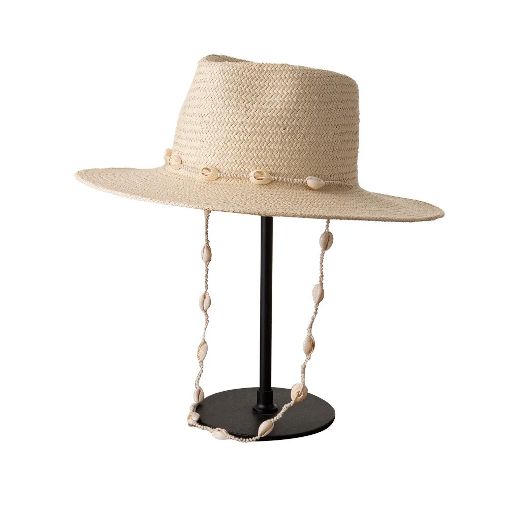 2022 Summer New Fashion Women Beach Vacation Travel Fedora Panama Hat  Pearl Chin Decoration Sun Screen Paper Straw Hat