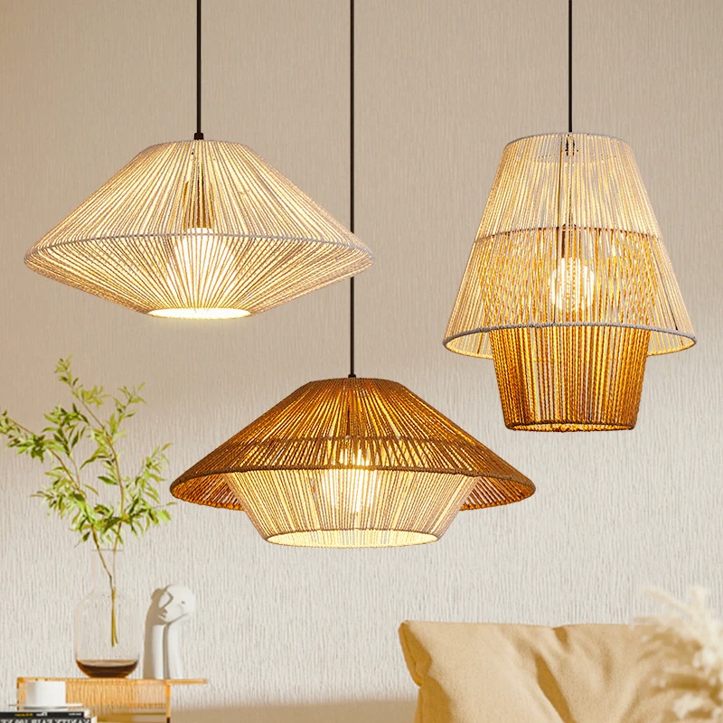 Handwoven Suspension Woven Shade Rattan Lamp For Home Hotel Restaurant Decoration