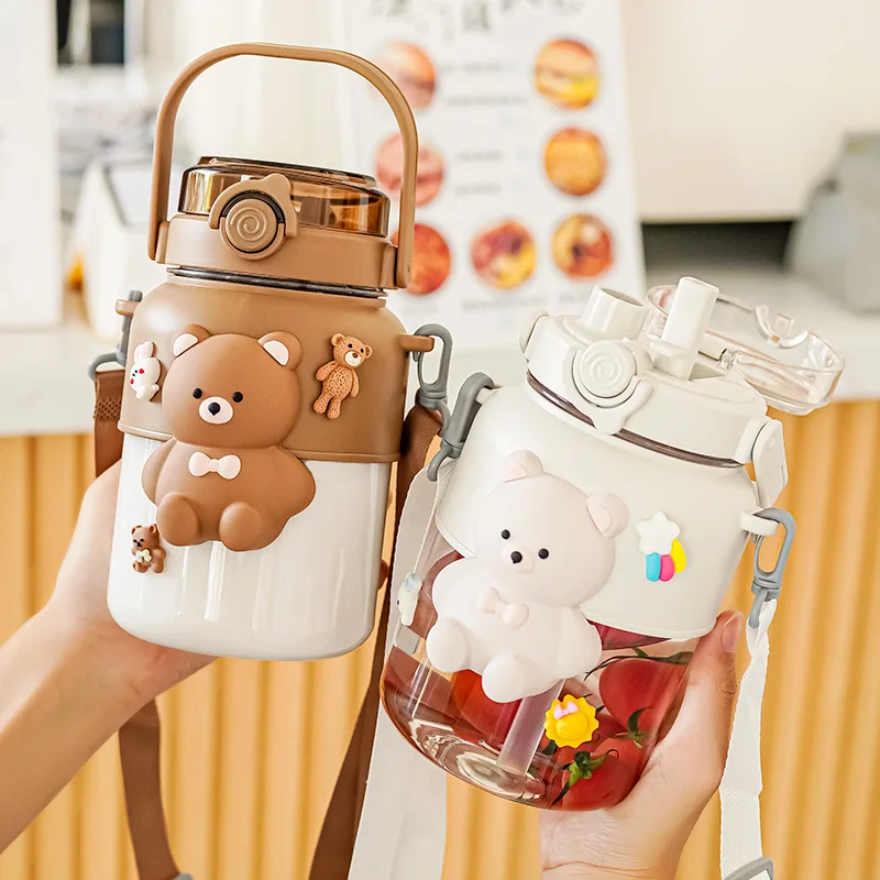 Kawaii bear 32oz big capacity drinking gourde enfant cup leakproof bpa free children school plastic water bottles with straw