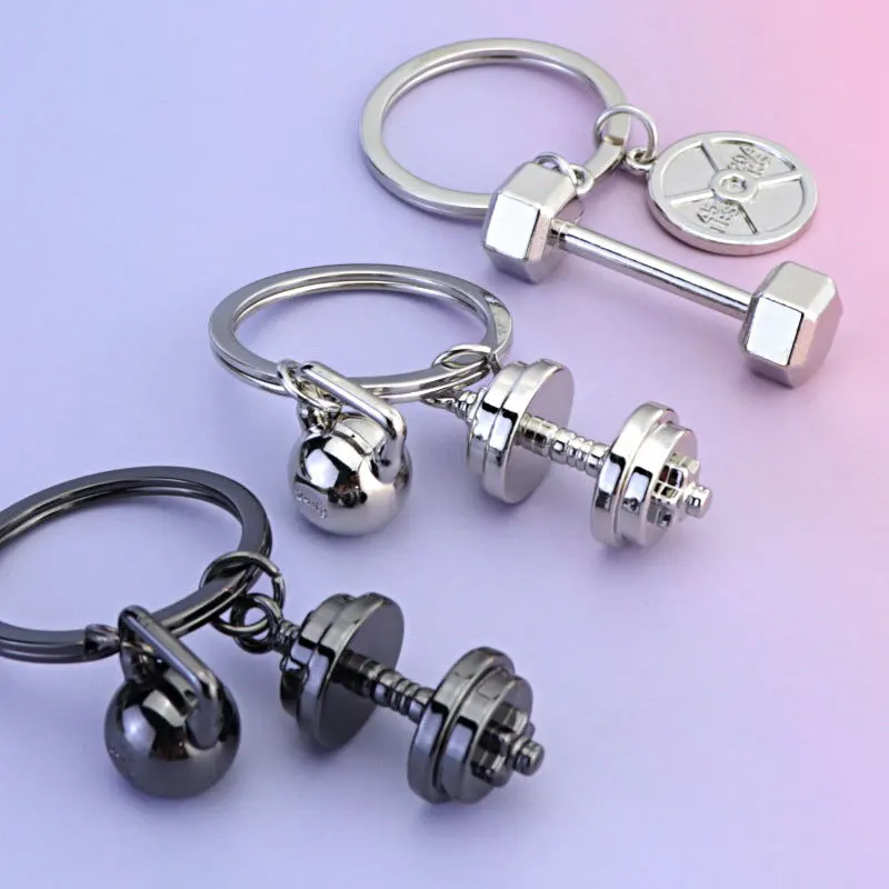 YIYUN 3D Simulation Dumbbell Metal Fitness Key Chains Car Wallet Sports Gym keychain Mini Dumbbell Discus Barbell Key Ring