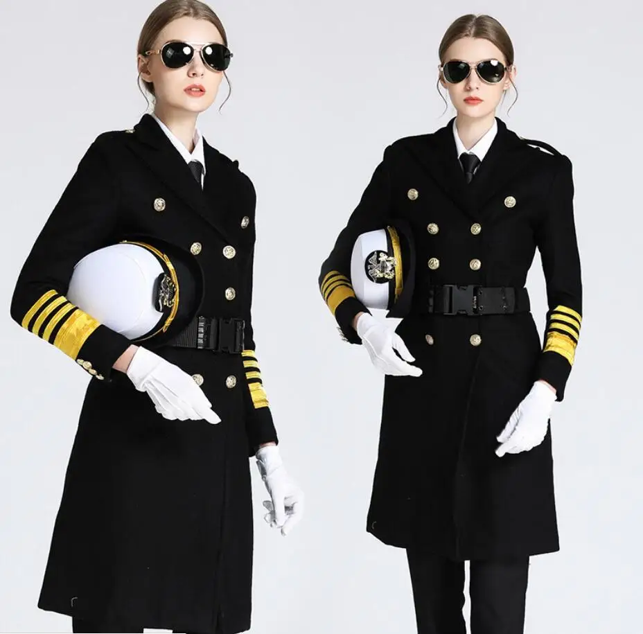 Uperior Quality Fashion Long Classical Black Airline Stewardess Pilot Uniform Coat  Real Fur Coat Women Wool Coat For Ladies
