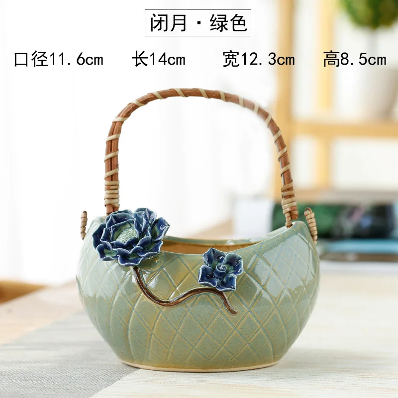 Flower Basket Rattan Hand-held Succulent Flowerpot Ceramic Green Plant Pot Indoor Decor Planter Container Pottery Basin