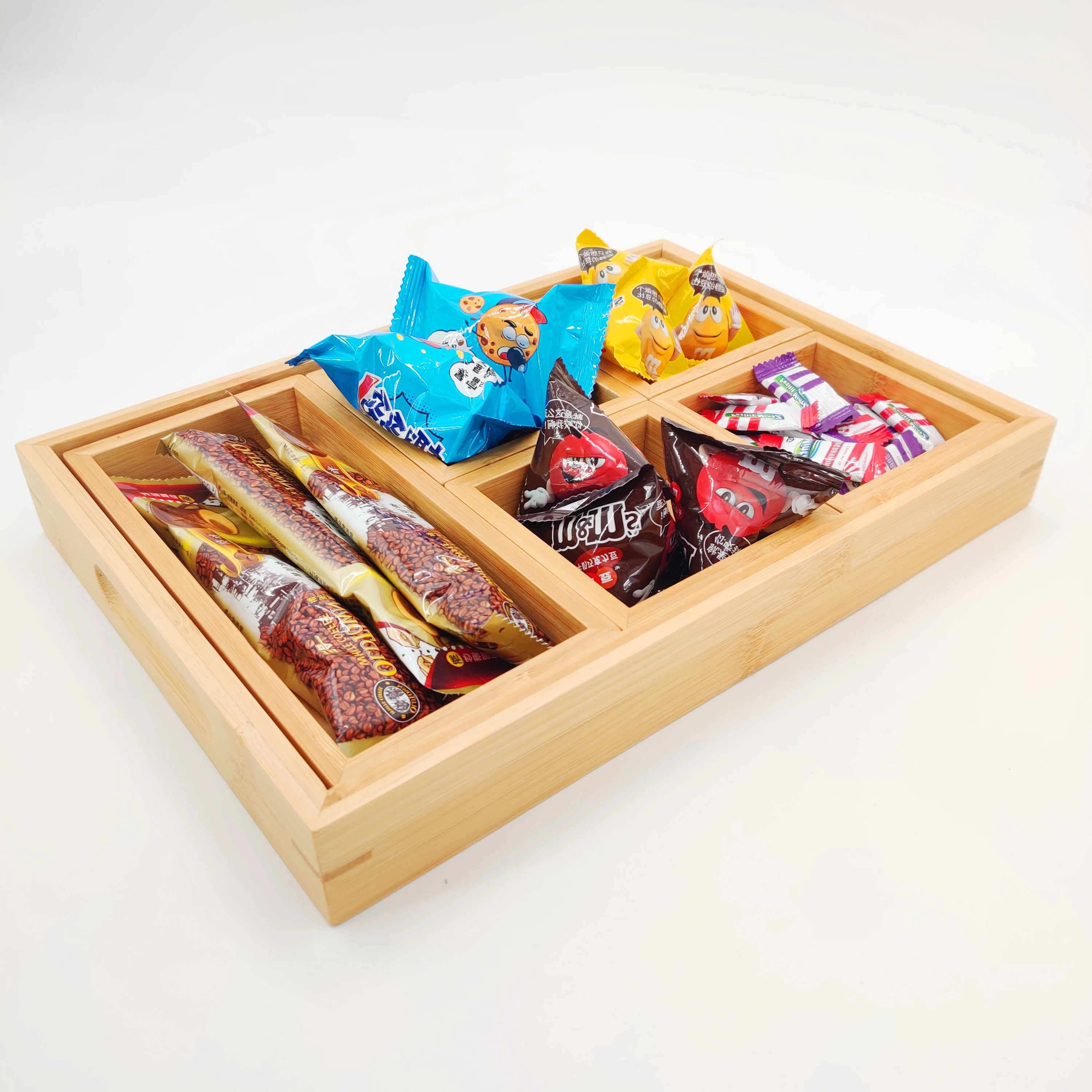 YCZM Bamboo Tea Box Storage Organizer, 6 Adjustable Tea Chest Compartments with Dividers Creative Multi Use as Snack Organizer