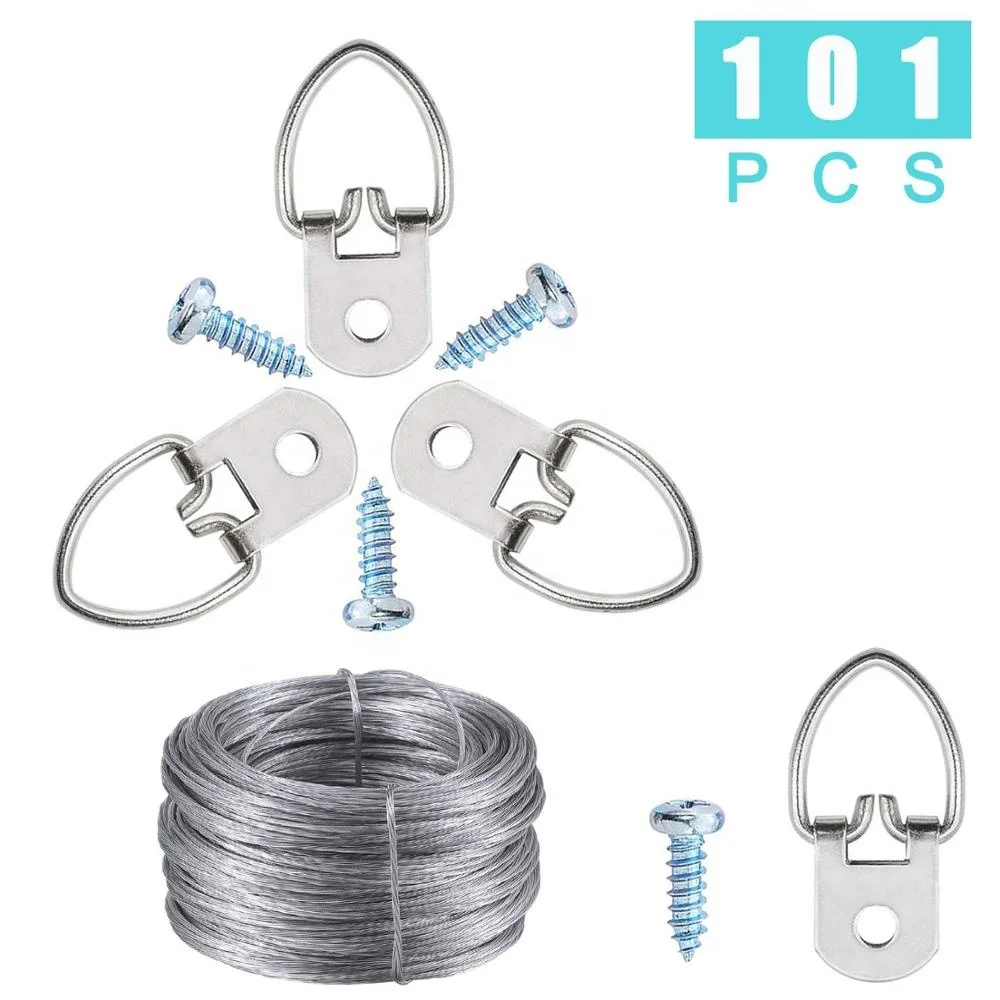 50 Pack Heavy Duty D-Ring Picture Frame Hanging Kits with 50 Pack Screws,7Feet Steel Wire for Hanging Clock Paintings Artwork