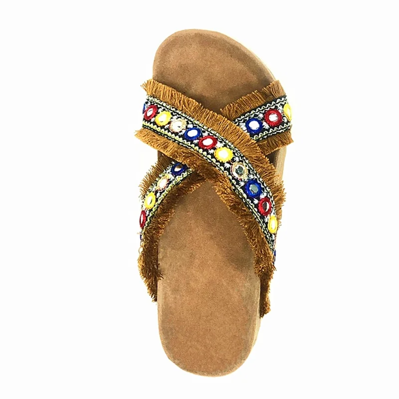 New Arrival Fancy and Fashion Denim Fringes Tassels Cross Straps Women Sandals with bling bling decoration