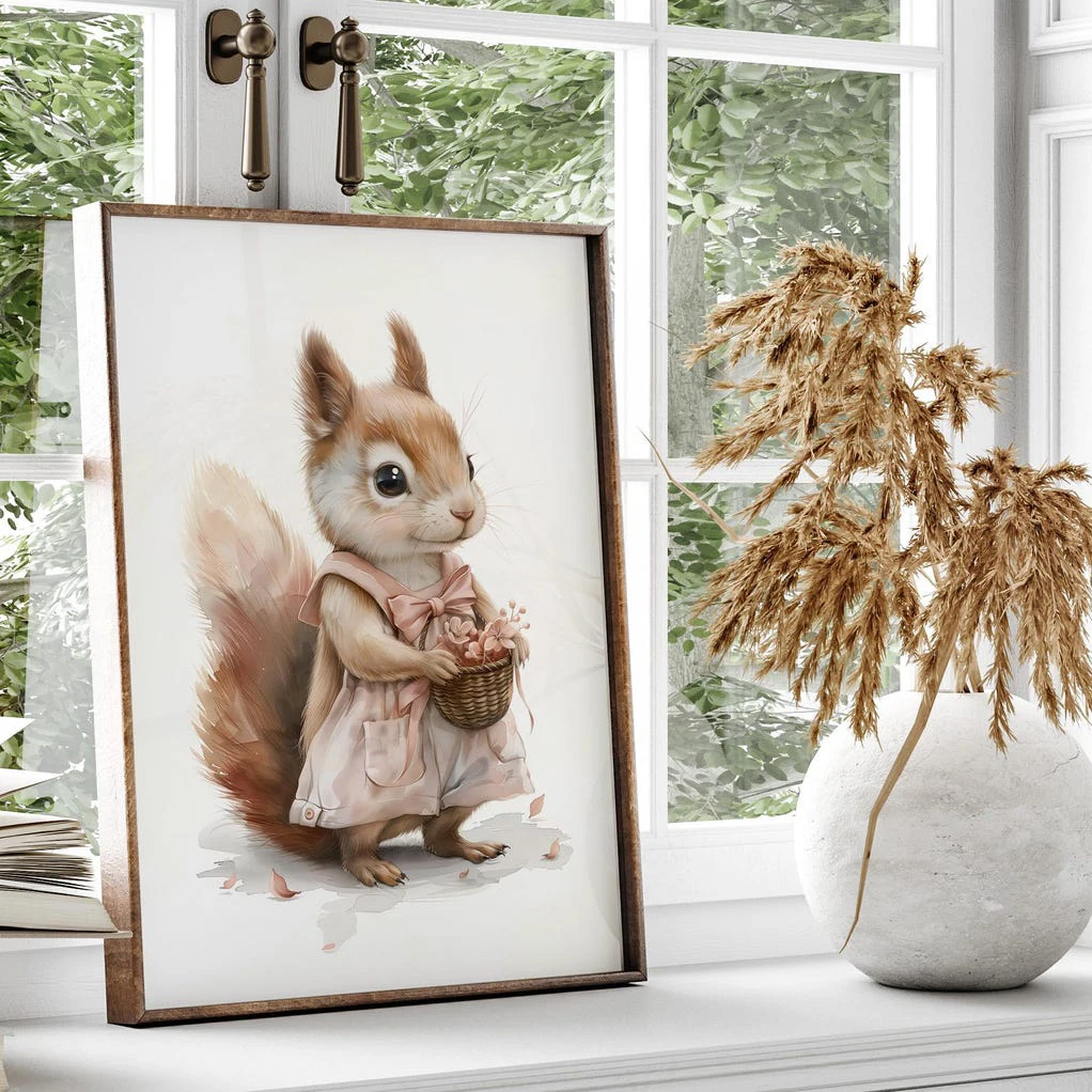 SQ Pink Nursery Wall Decor Canvas Prints Squirrel Cute Animal Wall Print Baby Girl Room Decor Baby Room Painting