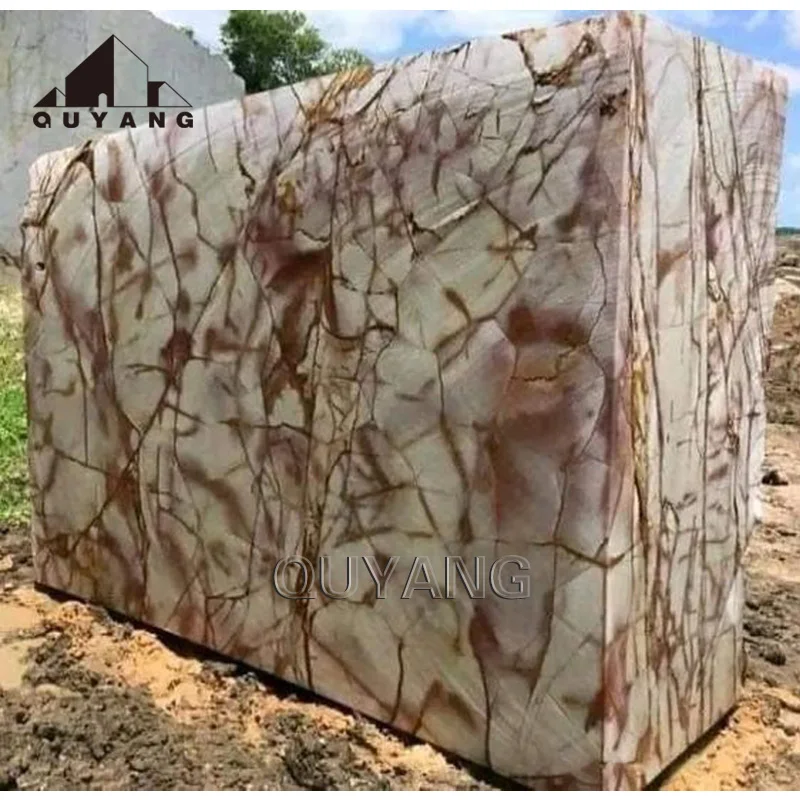 QUYANG Wholesale Polished Modern Natural Stone Red Veins White Marble Onyx Slabs Floor Tiles Kitchen Countertop