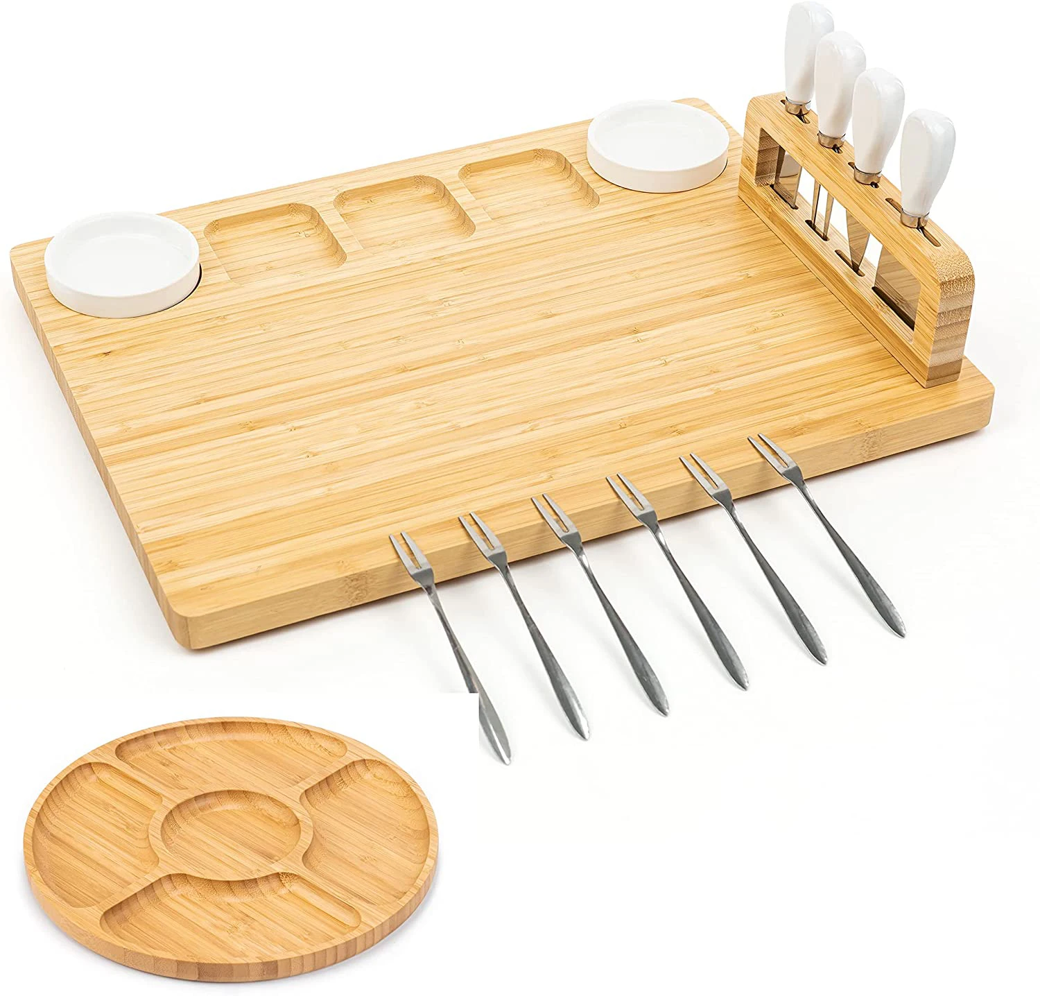 Large Bamboo Cheese Board and Cutlery Set: Charcuterie Board Set, Cheese Tray Platter. Gifts for Family and Friends