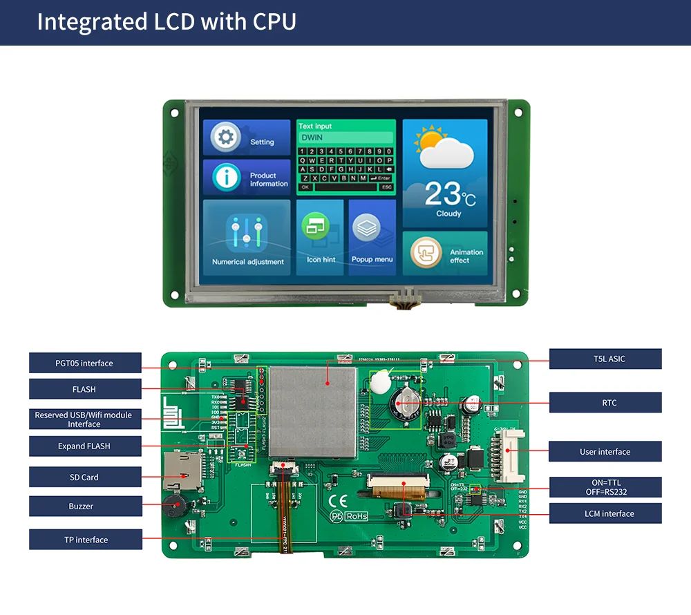 DWIN 5 inch 800*480 HMI High brightness  IPS Touch Screen 16.7M Colors UART TFT LCD Display Outdoor Sunlight Readable
