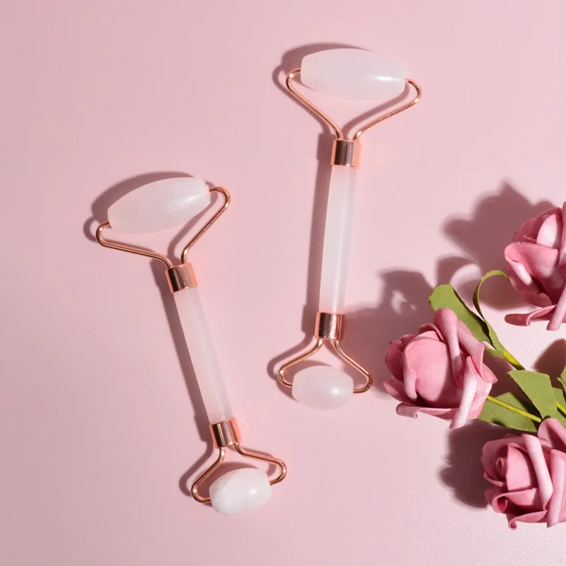 New Arrival Natural Jade Face Roller Set Pink Crystal Quartz Stone Jade Roller Beauty Massager