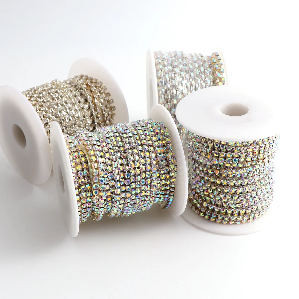 10m/roll Dense And Sparse Two Styles Silver Glass Stones Rhinestone Chain Trimming Strass Chain Fringe AB Roll Mesh Crystals