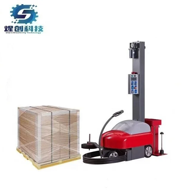 Mobile pallet stretch film wrapper machine robot