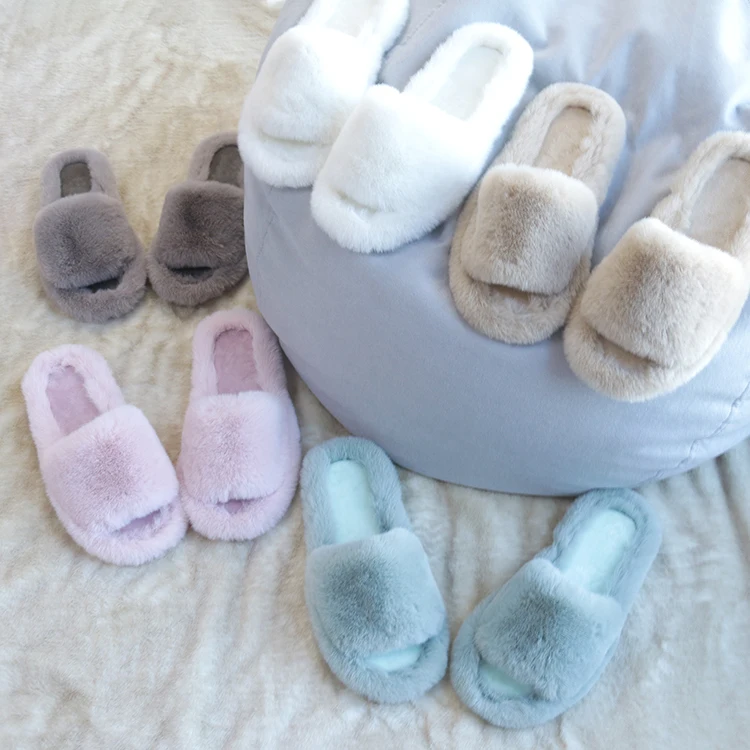 Custom Women Fashion One Strap Furry Imitated Rabbit Fur Fluffy Fashion Fur Slippers for Women