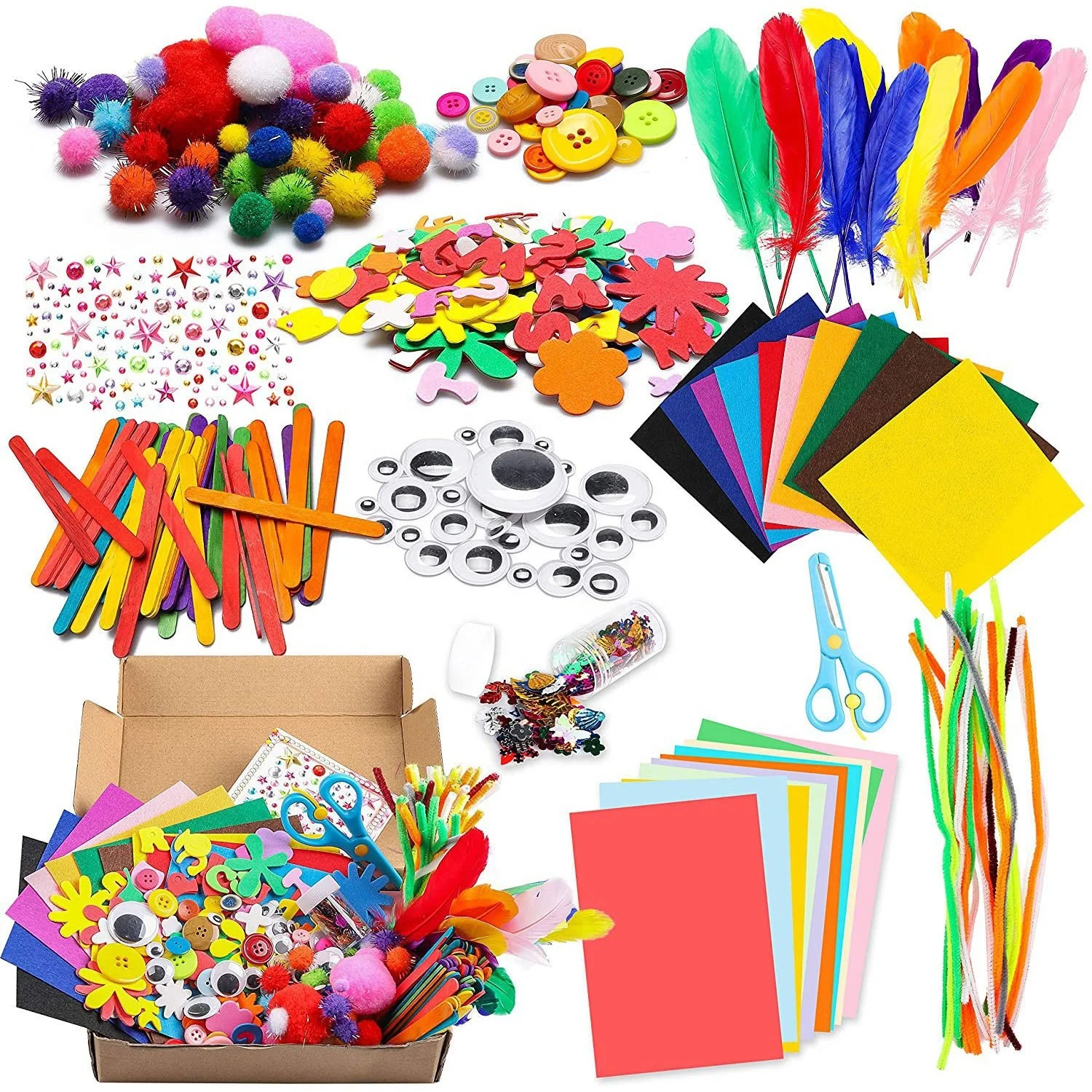 Early Education Kindergarten DIY Art Craft Variety Pack Including Pom poms Foam Sequins Button Googly Eyes Great