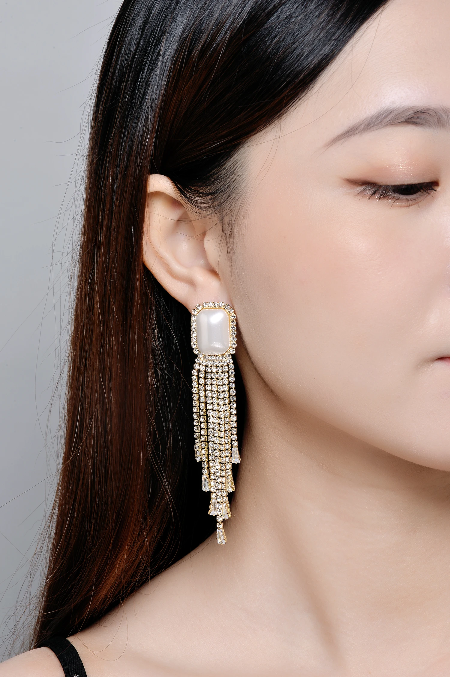 Gemstone Jewelry 18k Gold Plated Crystal Earrings for Women Brass with S925 Post Fashion Square Pearl  Diamond Earrings