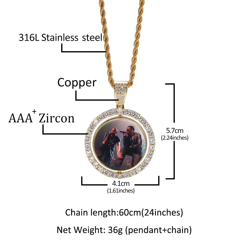 Double Face Round Photo Custom Necklace Pendant Tennis Chain Gold Cubic Zircon Spin Picture Necklace Hip hop Jewelry