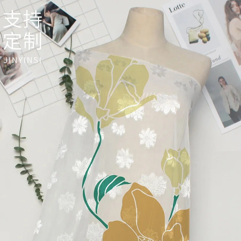 Genuine Custom Print Daisy Jacquard Chiffon Poly Silk Glitter Lurex Chiffon Fabric With Colorful Silk