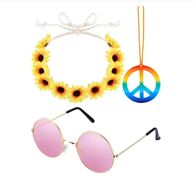 Pafu 3 Pieces Hippie Costume Accessories 70s Rainbow Peace Sign Necklace Flower Crown Headband Hippie Sunglasses