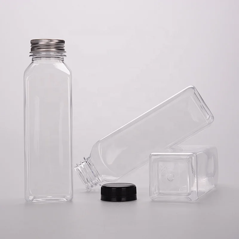 400ml  PET transparent bottle customized wholesale cylindrical empty wine juice beverage square bottle with cap