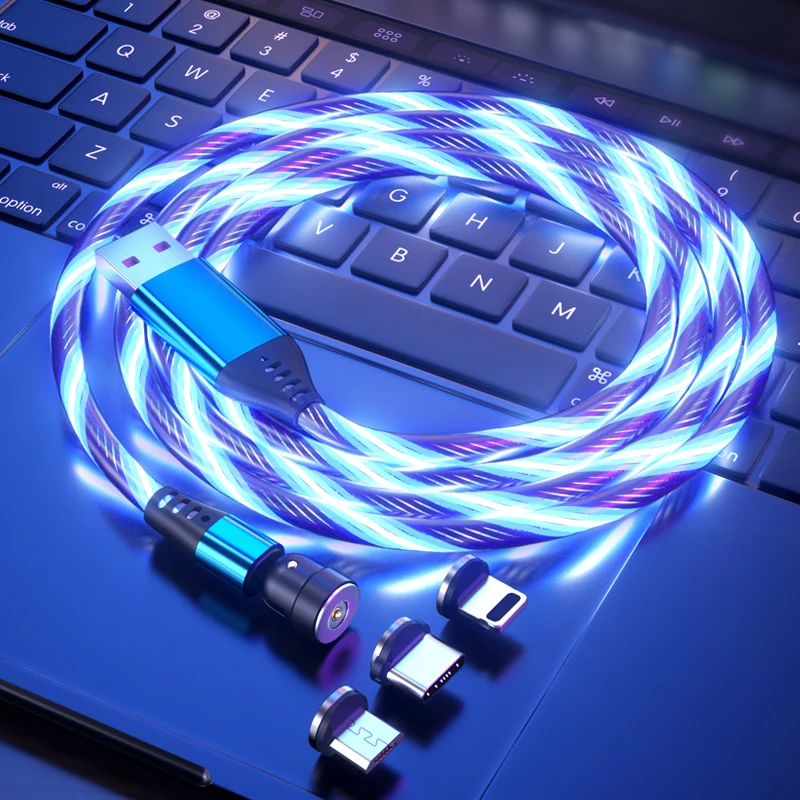 1m 3ft mobile phone cable 3 in 1 magnetic charging cable flash LED flowing light usb data cable
