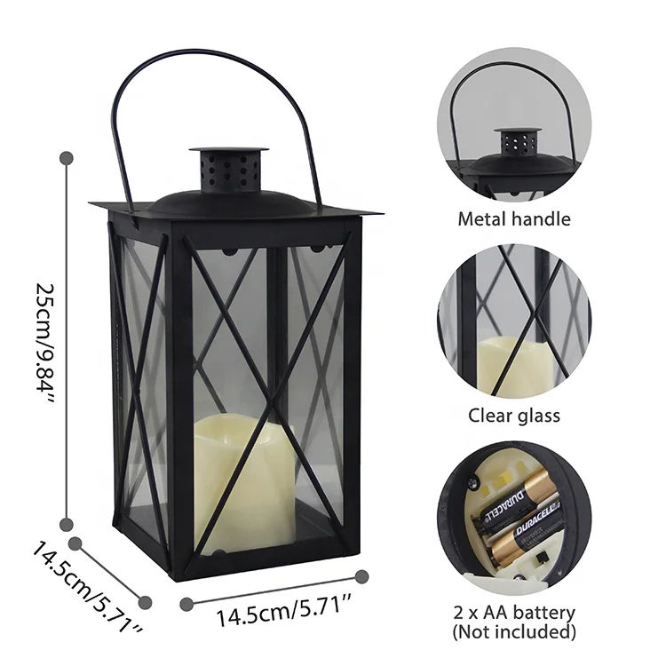 Wedding Decorative Battery Black Candle Holder Outdoor hanging Moroccan Iron Metal LED Lantern with Flameless Candle