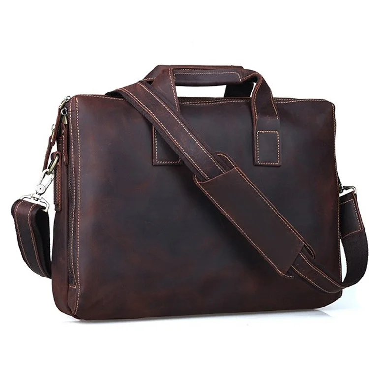 TIDING Custom Logo Brown Slim Genuine Leather Men Messenger Handbag Bag Crazy Horse Leather 15 inches Laptop Briefcase
