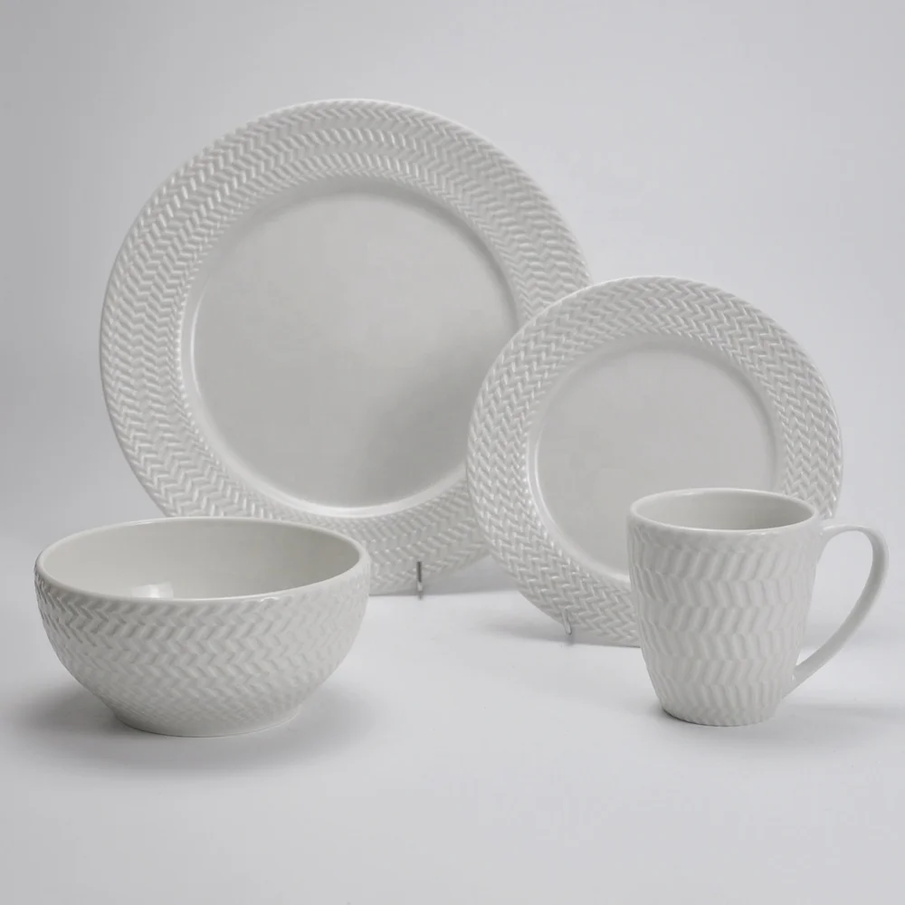 16Pcs porcelain embossment dinnerware set ceramic round shape white simple style tableware wholesale for home hotel restaurant