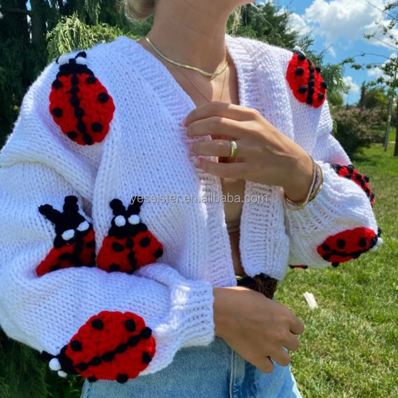 Wholesale Hand Knitted Cardigan Womens Winter Handmade Flower Chunky Sweater Coat Women Lantern Sleeve Sweater Cardigan