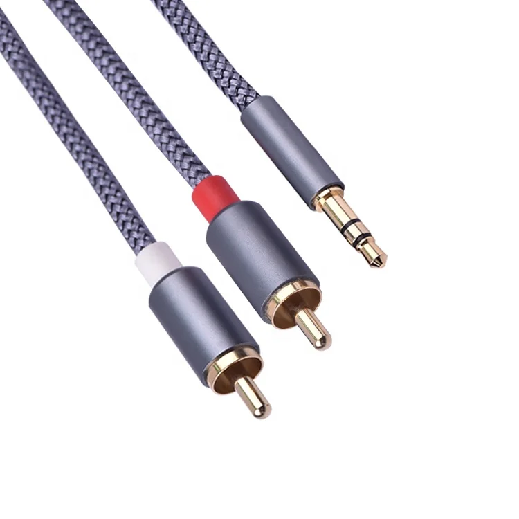 Grey Round Aluminum Alloy Gold Plated 500mA DC 3.5mm To Twin RCA Audio Cable