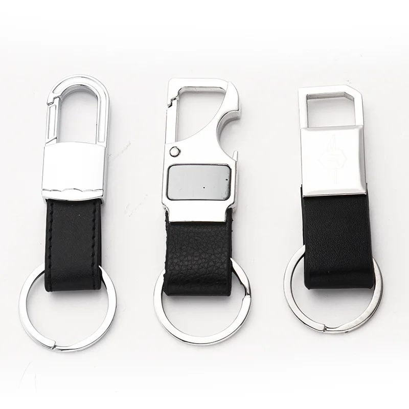 Wholesale high quality metal zinc alloy keyring engrave laser logo souvenir genuine leather strip keychain